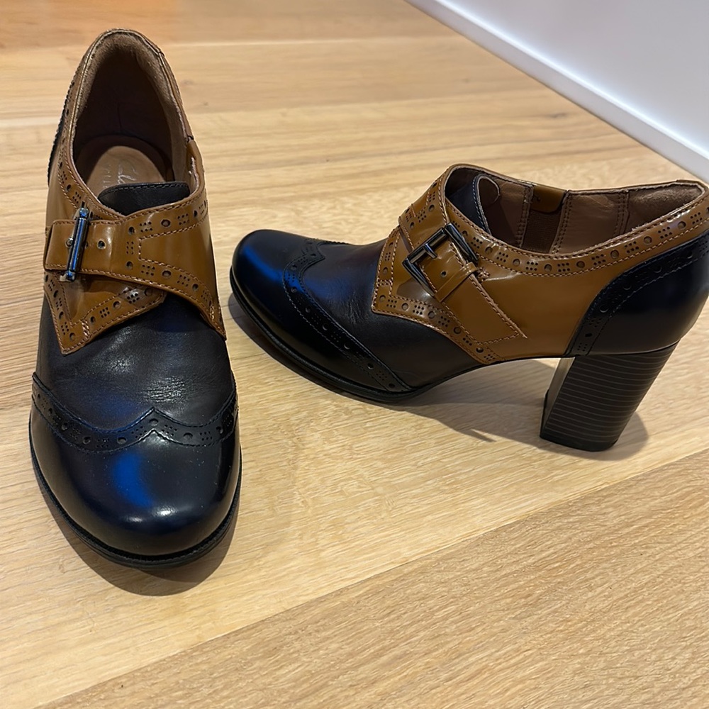 Clarks Two-Tone Black and Brown Heeled Brogues